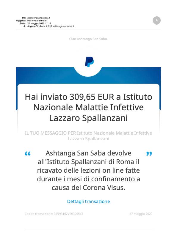 ashtanga sansaba e i suoi studenti hanno effettuato una donazione allo Spallanzani